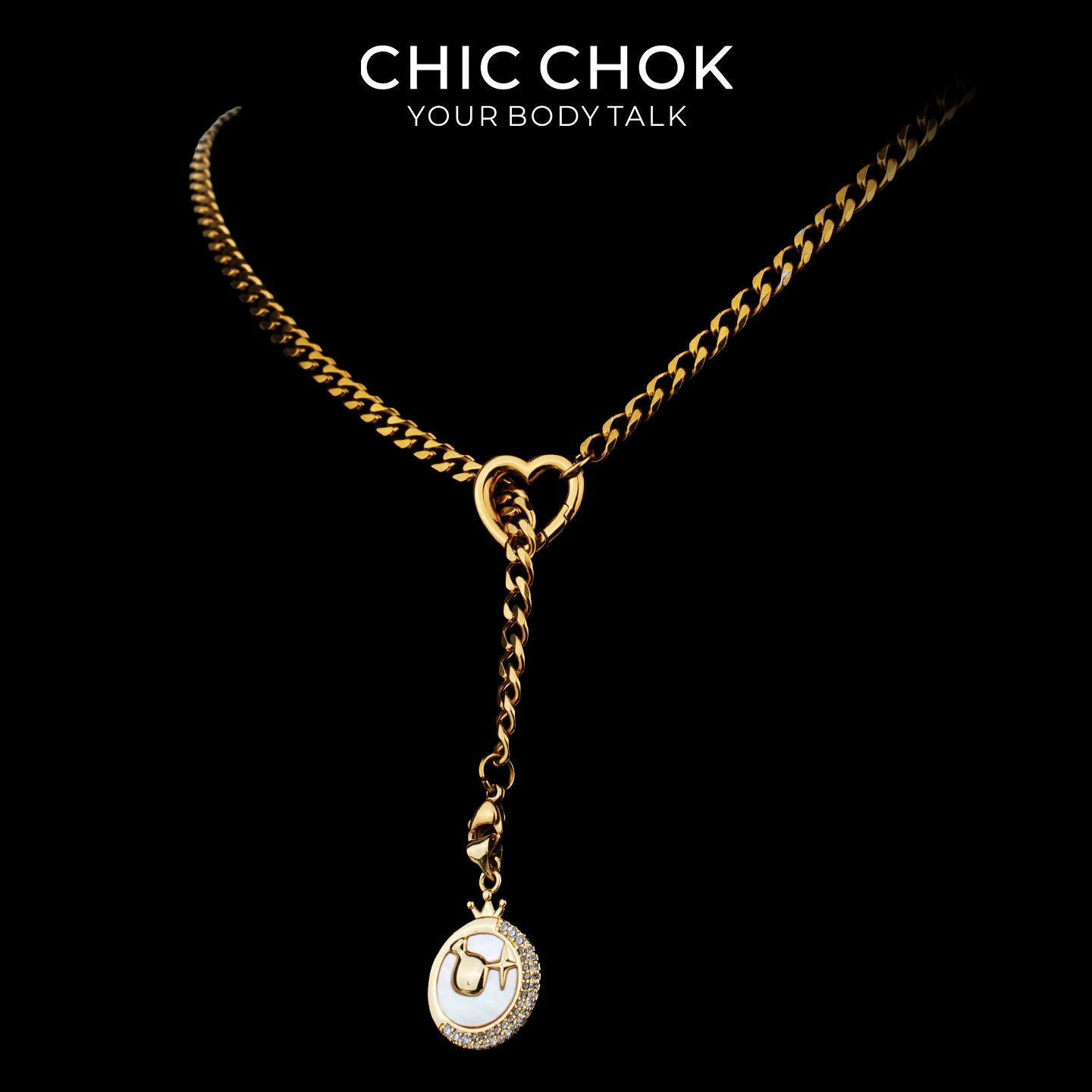 Collier cravate en Y Whispering Selene CHICCHOK | Chaîne dorée à maillons cubains en acier inoxydable avec cœur | Pendentif lune astrologique en nacre et strass décliné en 12 signes du zodiaque
