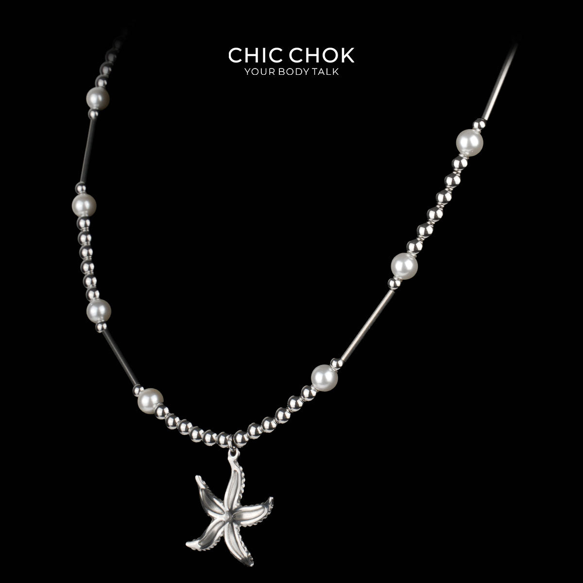 CHICCHOK Abyssal Star Catcher Necklace | Stainless Steel & Pearl Mixed Beaded Chain | Y2K Subversive Mermaidcore Starfish Pendant Jewelry
