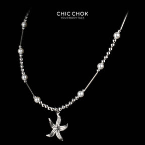 CHICCHOK Abyssal Star Catcher Necklace | Stainless Steel & Pearl Mixed Beaded Chain | Y2K Subversive Mermaidcore Starfish Pendant Jewelry