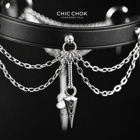 CHICCHOK "Dual Arrow Order" Leather Spike Choker | 360-Degree Dagger Pendant Drop Chain | Gothic Punk Subculture Neckwear