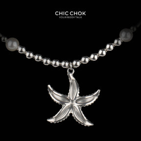 CHICCHOK Abyssal Star Catcher Necklace | Stainless Steel & Pearl Mixed Beaded Chain | Y2K Subversive Mermaidcore Starfish Pendant Jewelry