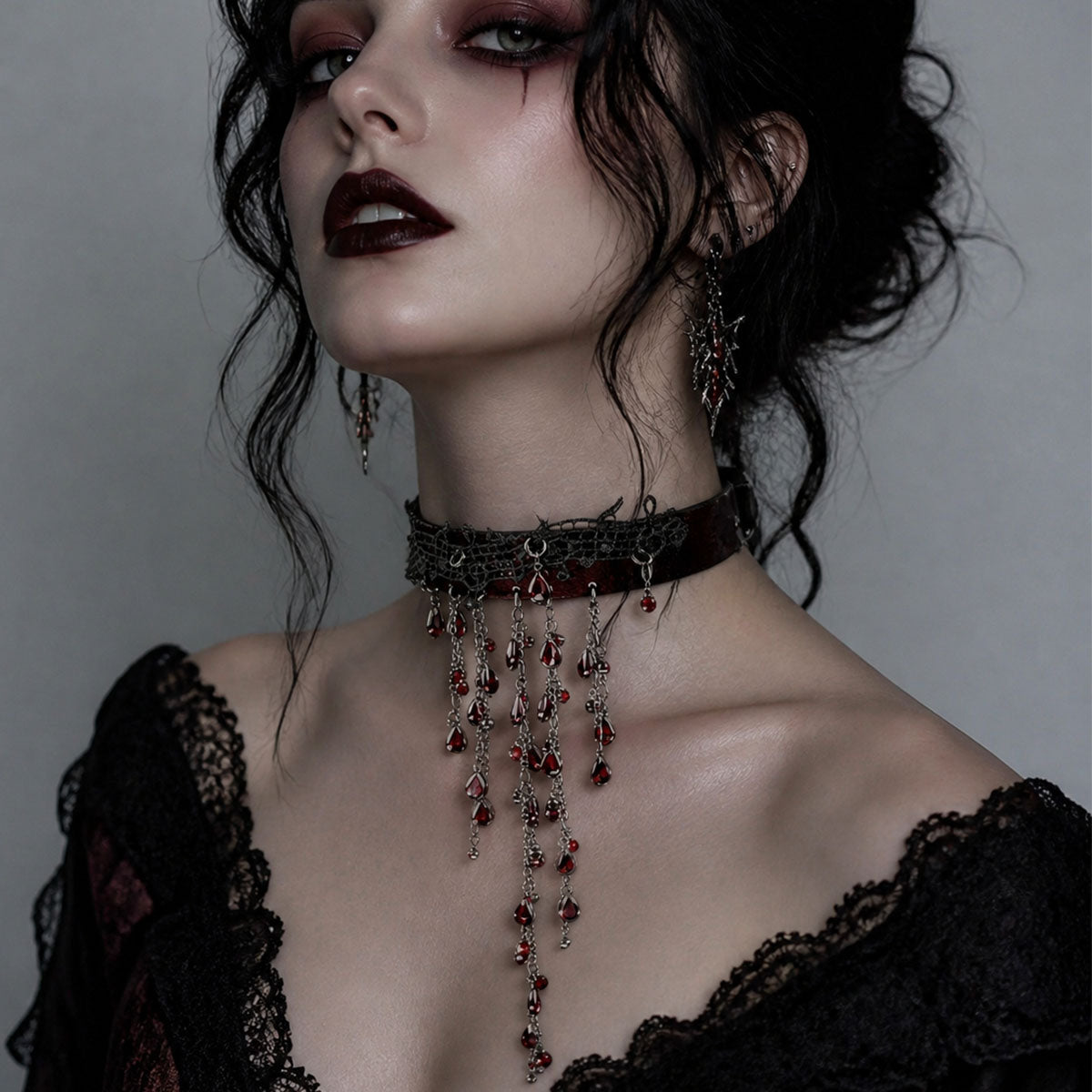 CHICCHOK "Crimson Aria" Vampire Lace Choker | Hand-Stitched Red Crystal Leather Collar | Dark Gothic Theatrical Neckwear