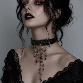 CHICCHOK "Crimson Aria" Vampire Lace Choker | Hand-Stitched Red Crystal Leather Collar | Dark Gothic Theatrical Neckwear