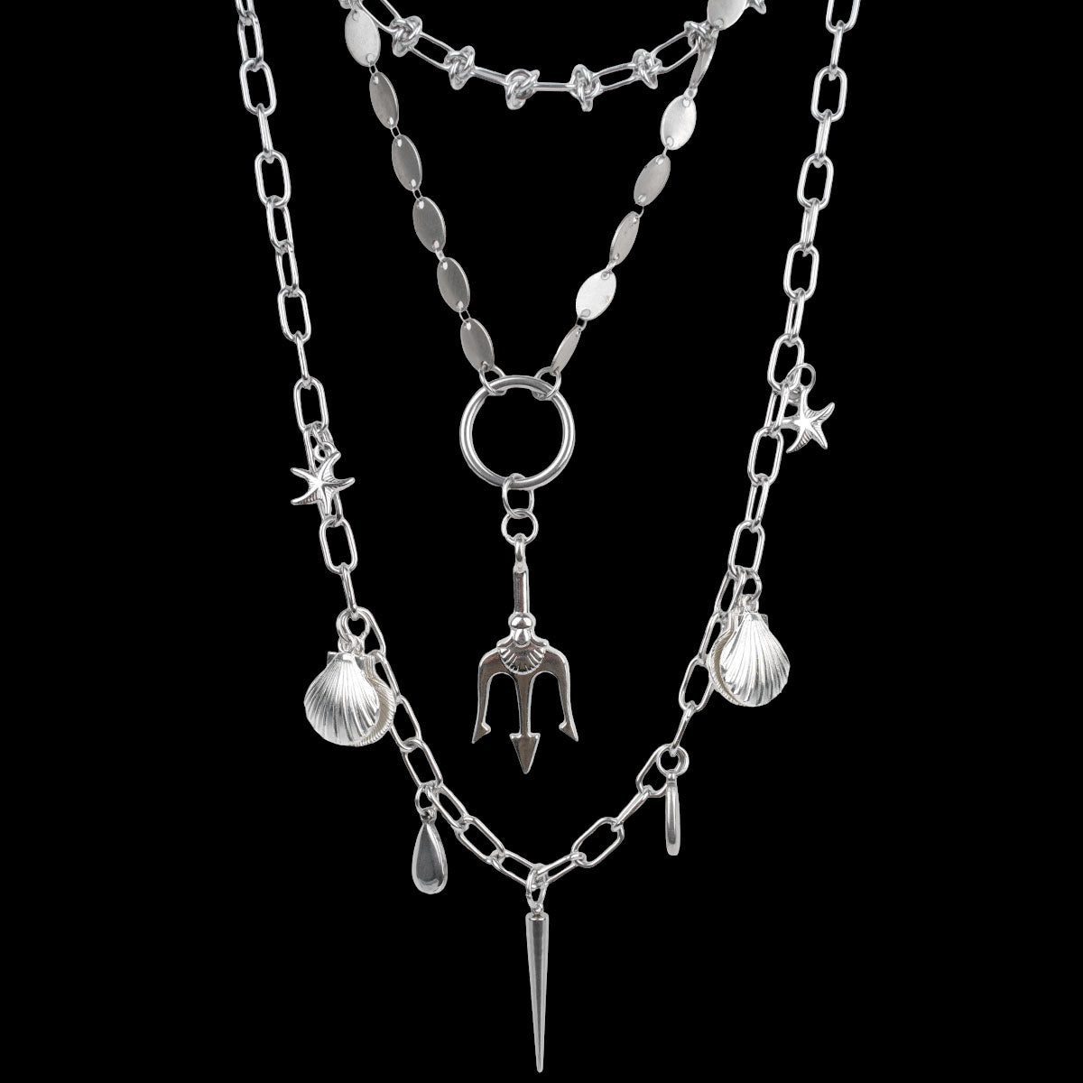 CHICCHOK "Blade Tide Gathering" Layered Stainless Steel Necklace | Poseidon Trident Shell & Starfish Pendant Drop Chain | Dark Marine Grunge Streetwear Jewelry