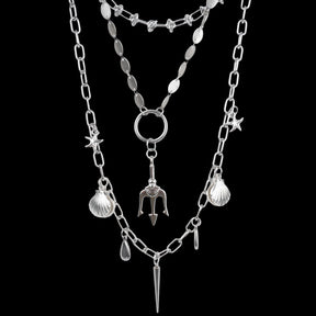 CHICCHOK "Blade Tide Gathering" Layered Stainless Steel Necklace | Poseidon Trident Shell & Starfish Pendant Drop Chain | Dark Marine Grunge Streetwear Jewelry