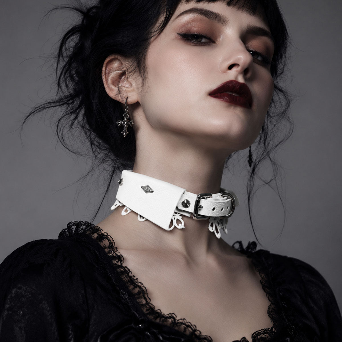 CHICCHOK Sanctuary of Chaos | White Leather Lace Choker | Gothic D-Ring Collar