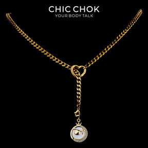 CHICCHOK Whispering Selene Y-Lariat Necklace | Gold Stainless Steel Heart Cuban Link Chain | 12 Zodiac Mother-of-Pearl Rhinestone Moon Pendant Astrological Jewelry