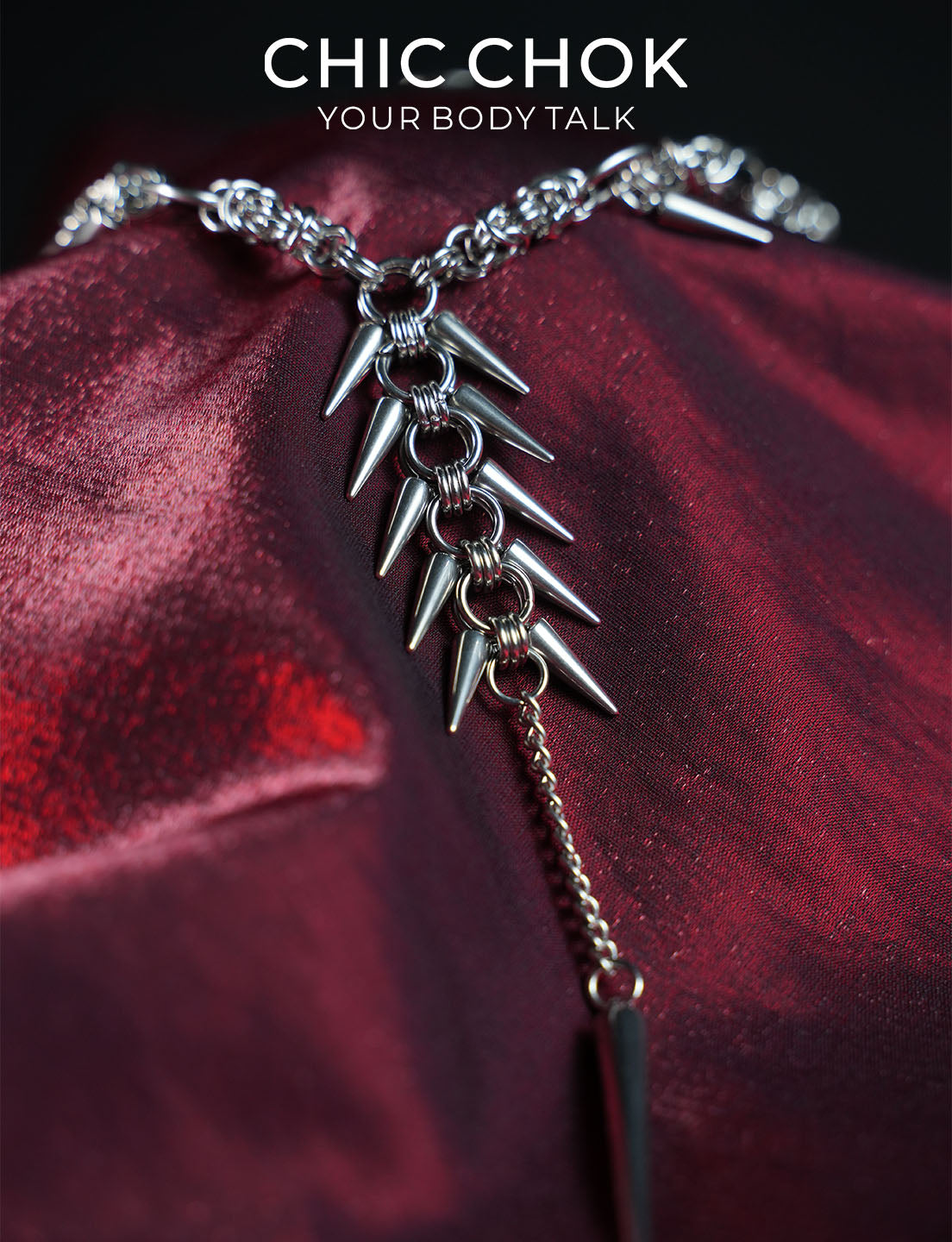 CHICCHOK Midnight Fangs Stainless Steel Necklace | Handcrafted Byzantine Chain Y-Lariat Choker | Heavy Industrial Punk Cyber Goth Spike Jewelry