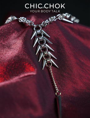 CHICCHOK Midnight Fangs Stainless Steel Necklace | Handcrafted Byzantine Chain Y-Lariat Choker | Heavy Industrial Punk Cyber Goth Spike Jewelry