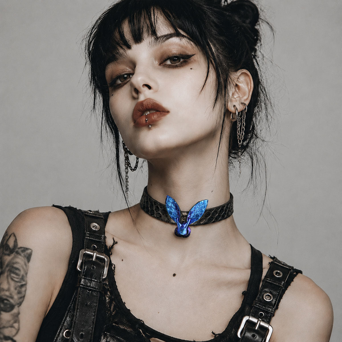 CHICCHOK Abyssal Phantom Rabbit Choker | Genuine Cowhide & Snakeskin Leather Collar | Iridescent Gothic Bunny Cyberpunk Neckwear