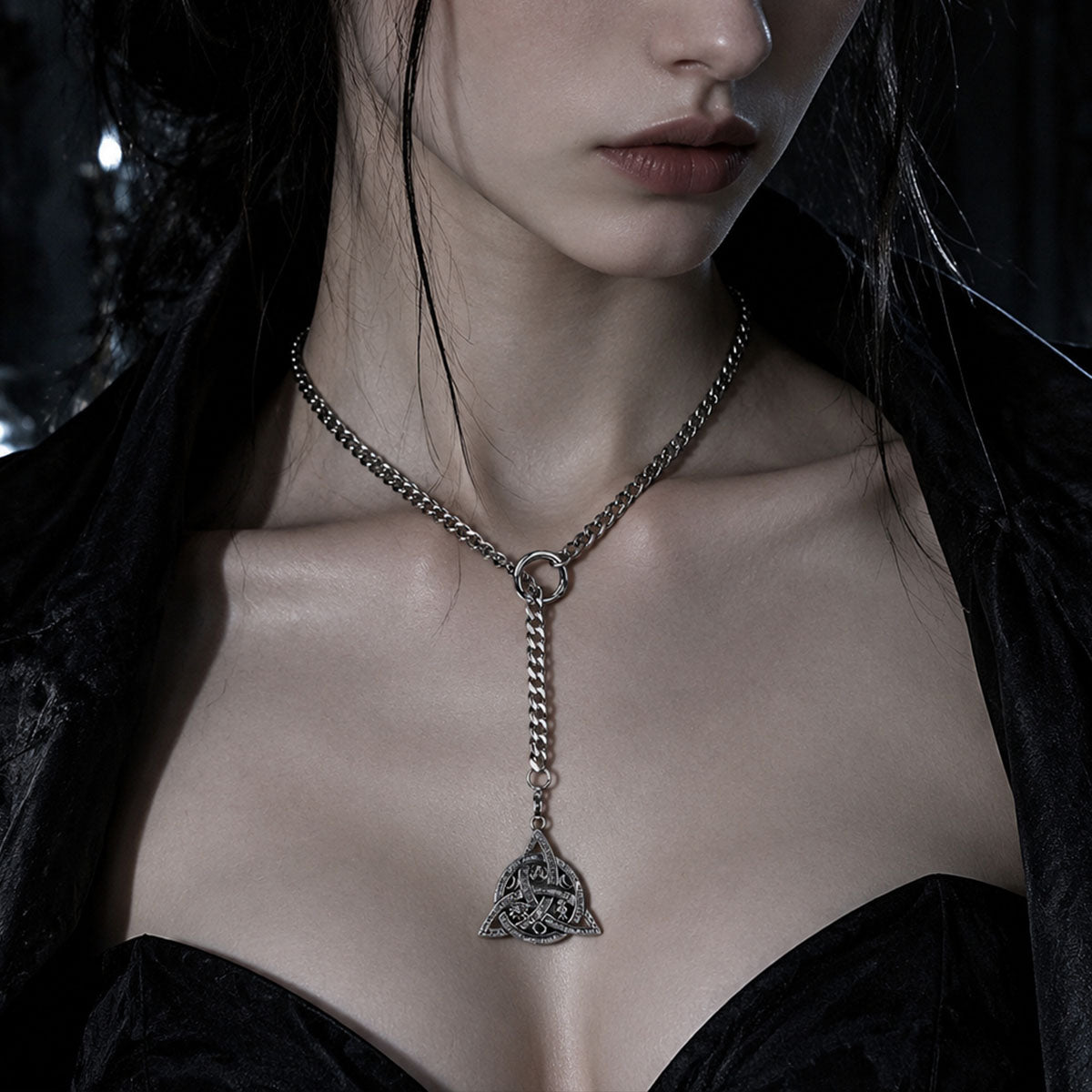 CHICCHOK "Boreal Knot" Celtic Triquetra Stainless Steel Y-Necklace | Wiccan Pentagram & Eye of Providence Drop Chain | Dark Pagan Gothic Streetwear Jewelry