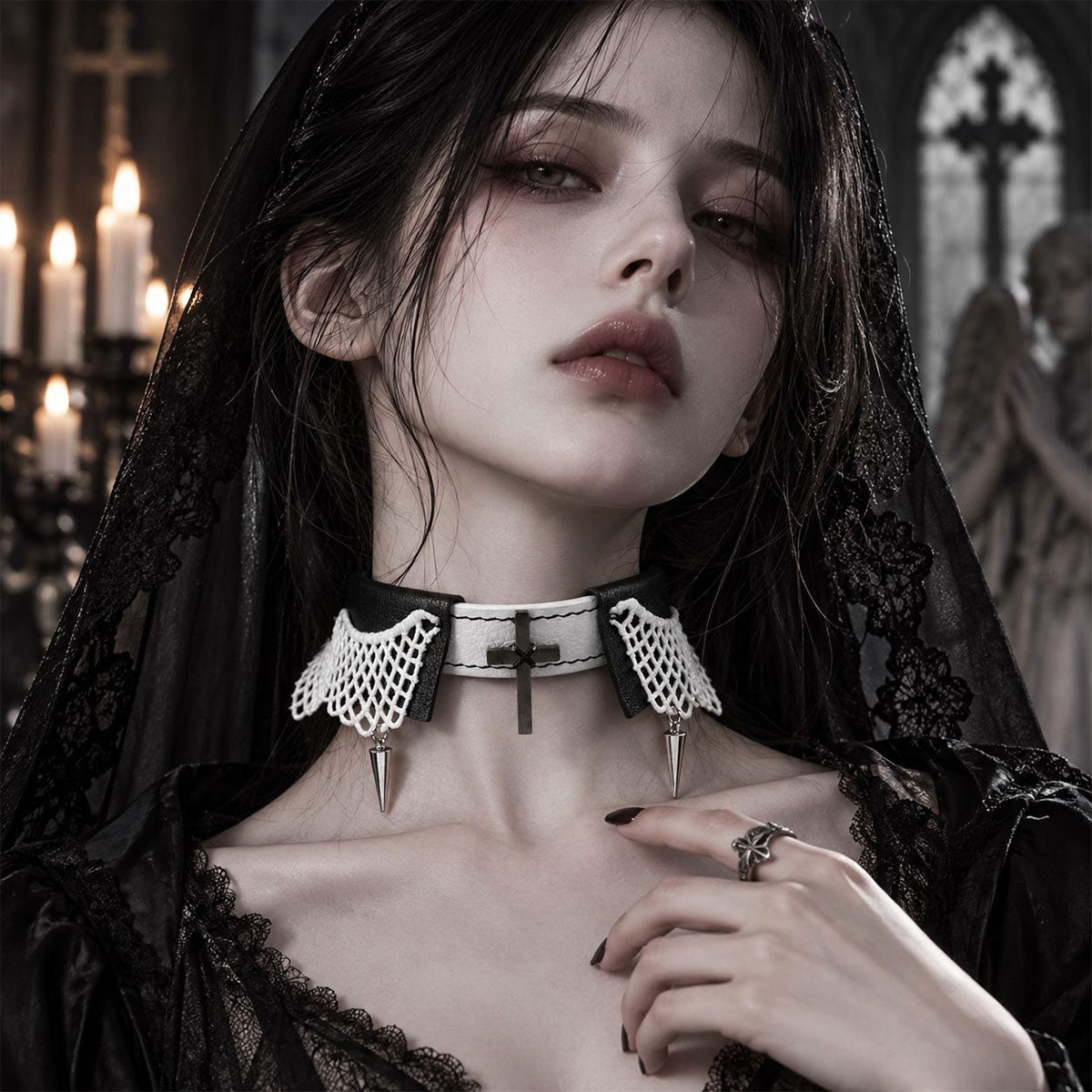 CHICCHOK "Clerical Precept" Hand-Stitched Leather Choker | Gothic Nun Cross Collar | Dark Ascetic Subculture Neckwear