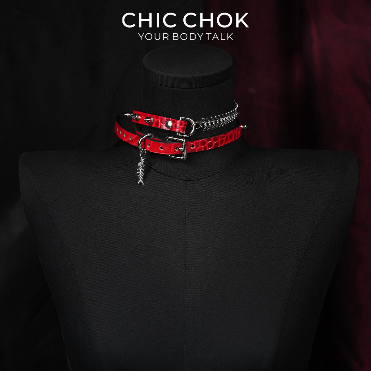 CHICCHOK Blood Thorn Fishbone | Red Crocodile Spiked Choker | Double Layer Gothic Collar
