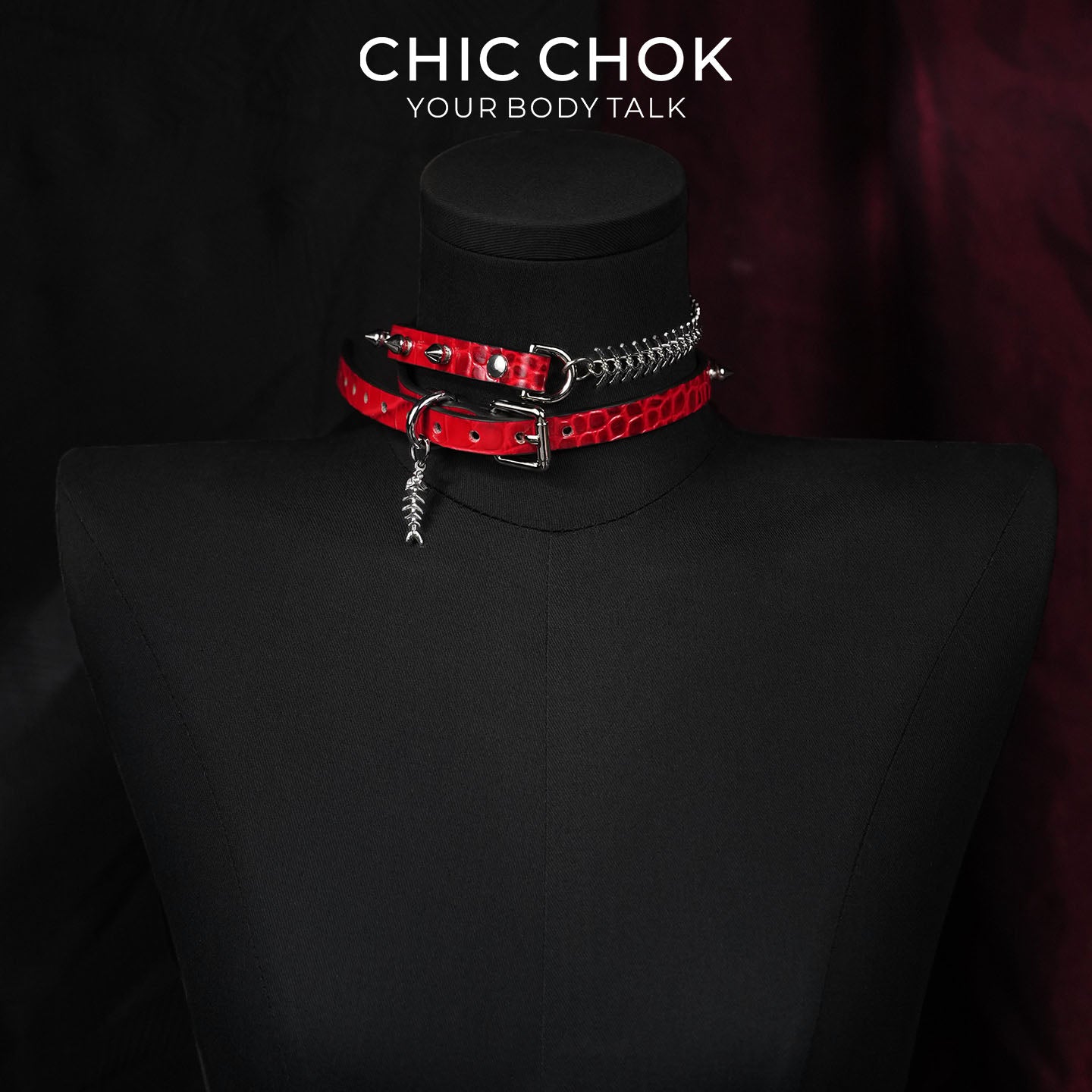 CHICCHOK Blood Thorn Fishbone | Red Crocodile Spiked Choker | Double Layer Gothic Collar