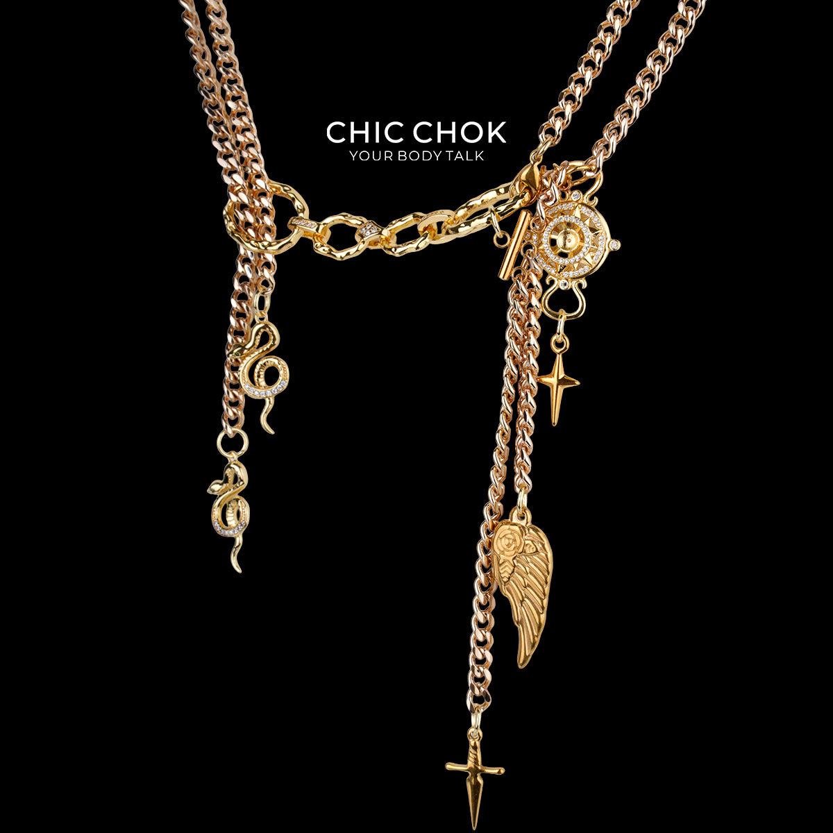 CHICCHOK "Winged Serpent Astral Wheel" Layered Gold Necklace | Stainless Steel Snake Wing & Compass Pendant Drop Chain | Dark Luxury Y2K Streetwear Jewelry