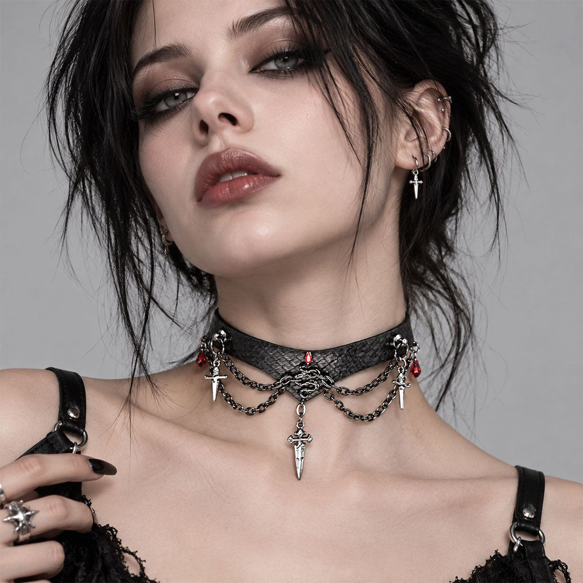 CHICCHOK "Serpent's Blood Oath" Python Leather Sword Choker | Dark Gothic V-Shape Collar | Subculture Rebellious Neckwear