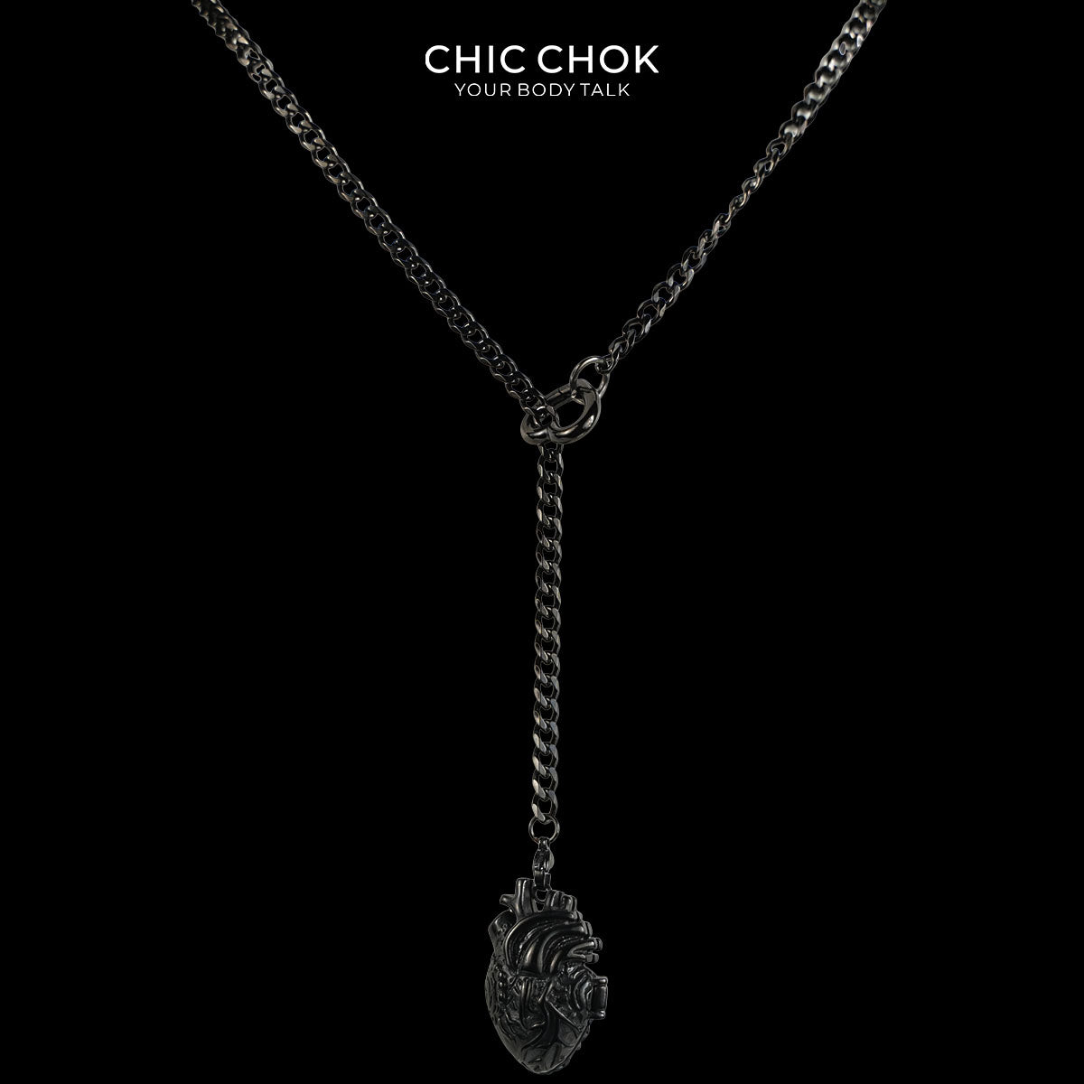 CHICCHOK Falling Heart Lariat Necklace | Anatomical Heart Pendant Stainless Steel Y-Necklace | Dark Gothic Subversive Body Jewelry