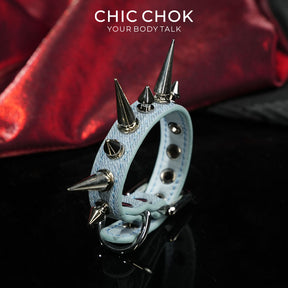 CHICCHOK Mist Isle Covenant Denim Spiked Bracelet | Gothic Light Blue Washed Canvas Cuff | Y2K Cyberpunk Heavy Metal Studded Wristband Body Armor