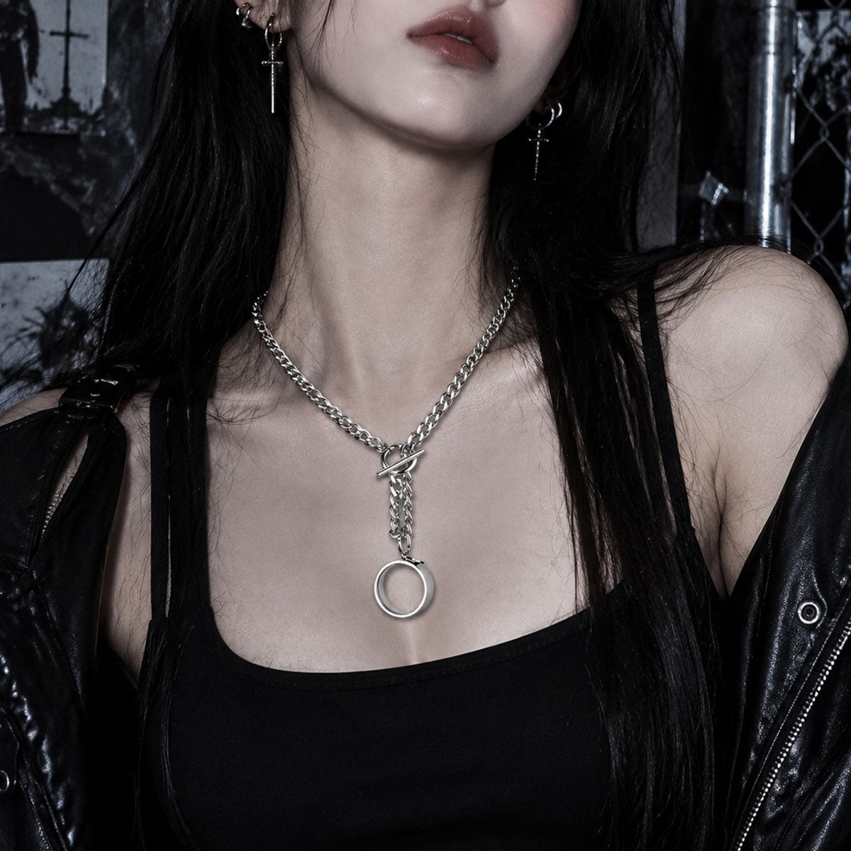 CHICCHOK "Lunar Shackle" Stainless Steel Ring Y-Necklace | Gothic OT Toggle Clasp Star & Moon Pendant Drop Chain | Dark Grunge Y2K Streetwear Jewelry