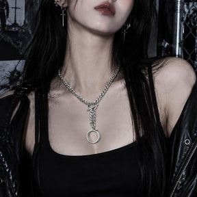 CHICCHOK "Lunar Shackle" Stainless Steel Ring Y-Necklace | Gothic OT Toggle Clasp Star & Moon Pendant Drop Chain | Dark Grunge Y2K Streetwear Jewelry