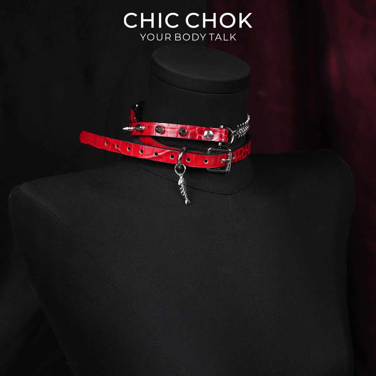 CHICCHOK Blood Thorn Fishbone | Red Crocodile Spiked Choker | Double Layer Gothic Collar