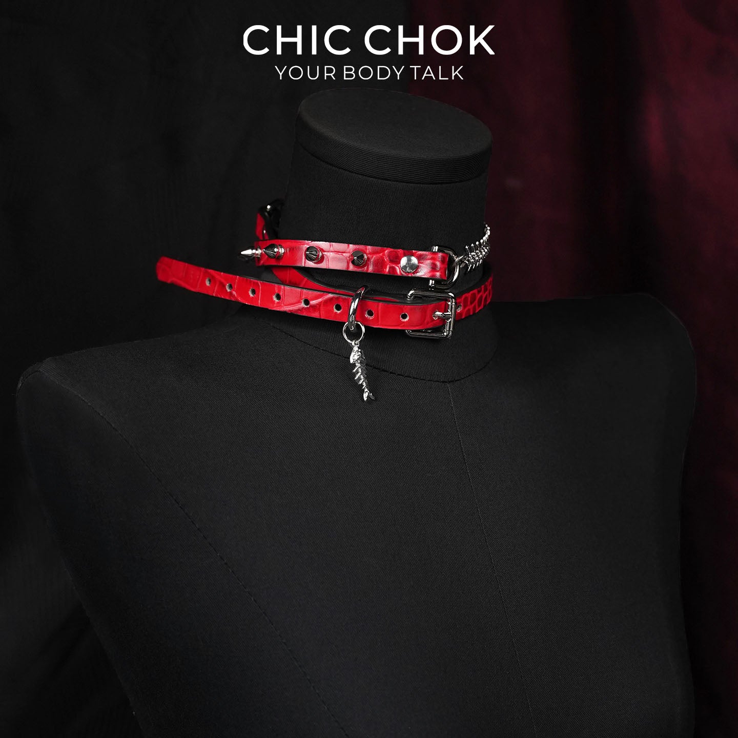 CHICCHOK Blood Thorn Fishbone | Red Crocodile Spiked Choker | Double Layer Gothic Collar