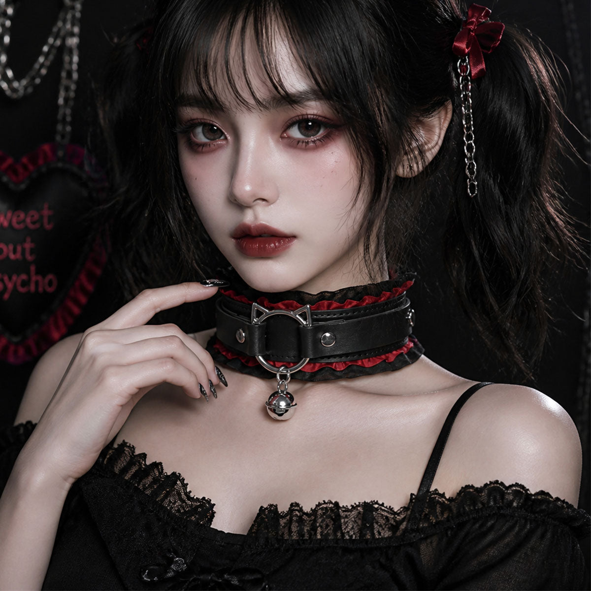 CHICCHOK [Kitty Love] Kitty Themed Cute Lovely Leather Lace with Bell Adjustable Choker