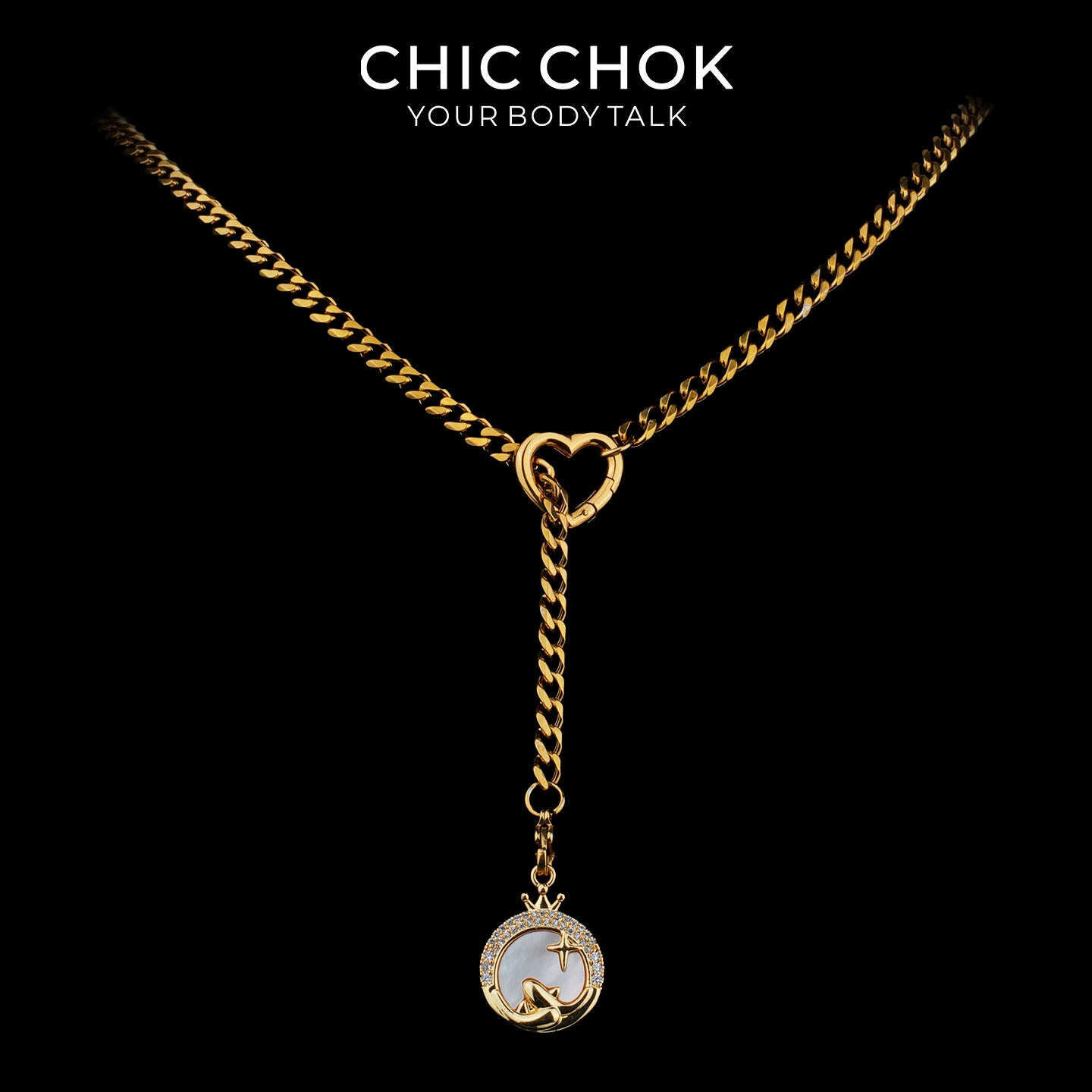Collier cravate en Y Whispering Selene CHICCHOK | Chaîne dorée à maillons cubains en acier inoxydable avec cœur | Pendentif lune astrologique en nacre et strass décliné en 12 signes du zodiaque