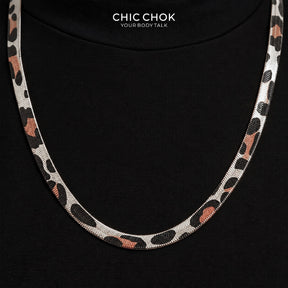 CHICCHOK Night Leopard 6mm Herringbone Chain | Stainless Steel Animal Print Flat Snake Necklace | Dark Luxury Avant-Garde Jewelry