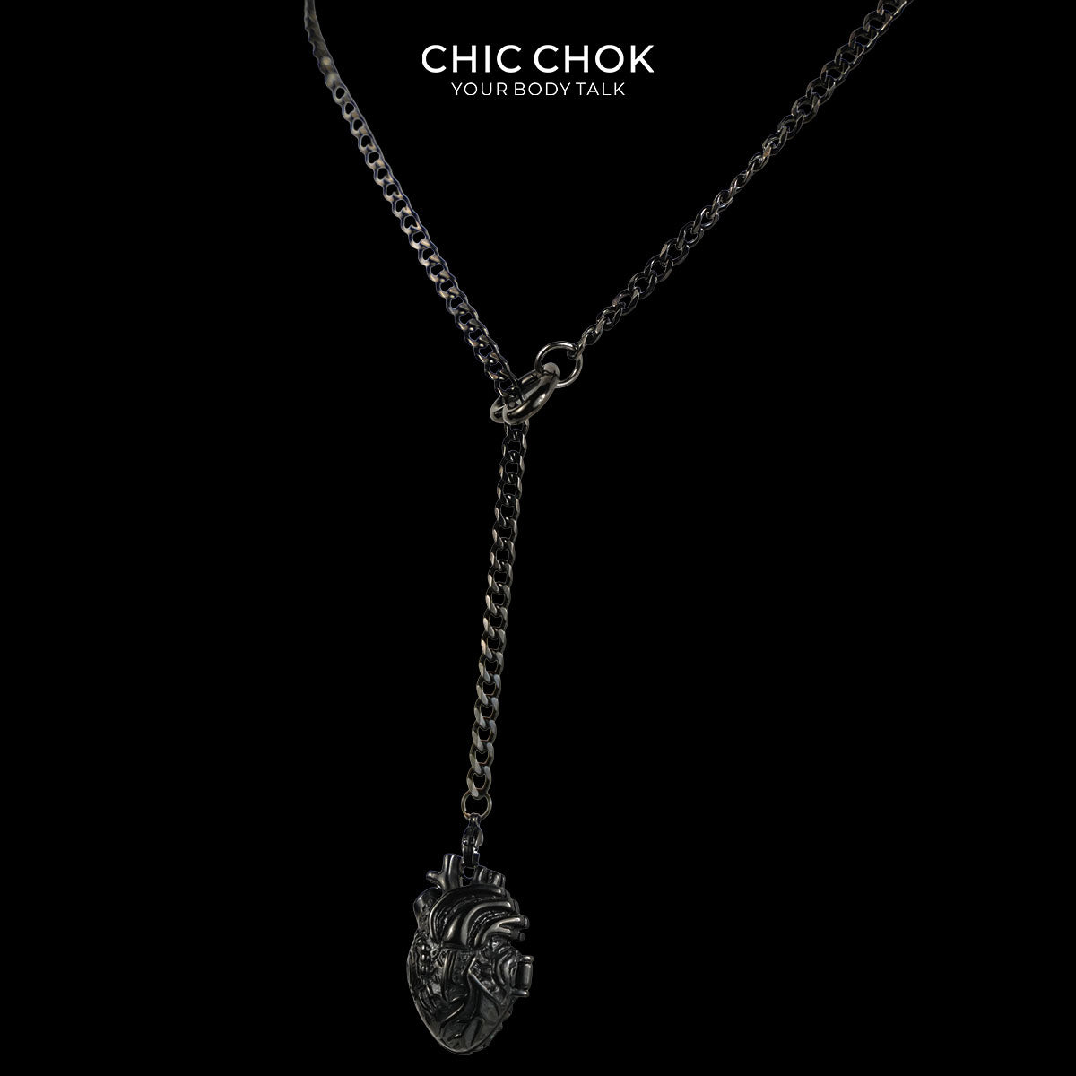 CHICCHOK Falling Heart Lariat Necklace | Anatomical Heart Pendant Stainless Steel Y-Necklace | Dark Gothic Subversive Body Jewelry