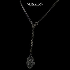 CHICCHOK Falling Heart Lariat Necklace | Anatomical Heart Pendant Stainless Steel Y-Necklace | Dark Gothic Subversive Body Jewelry
