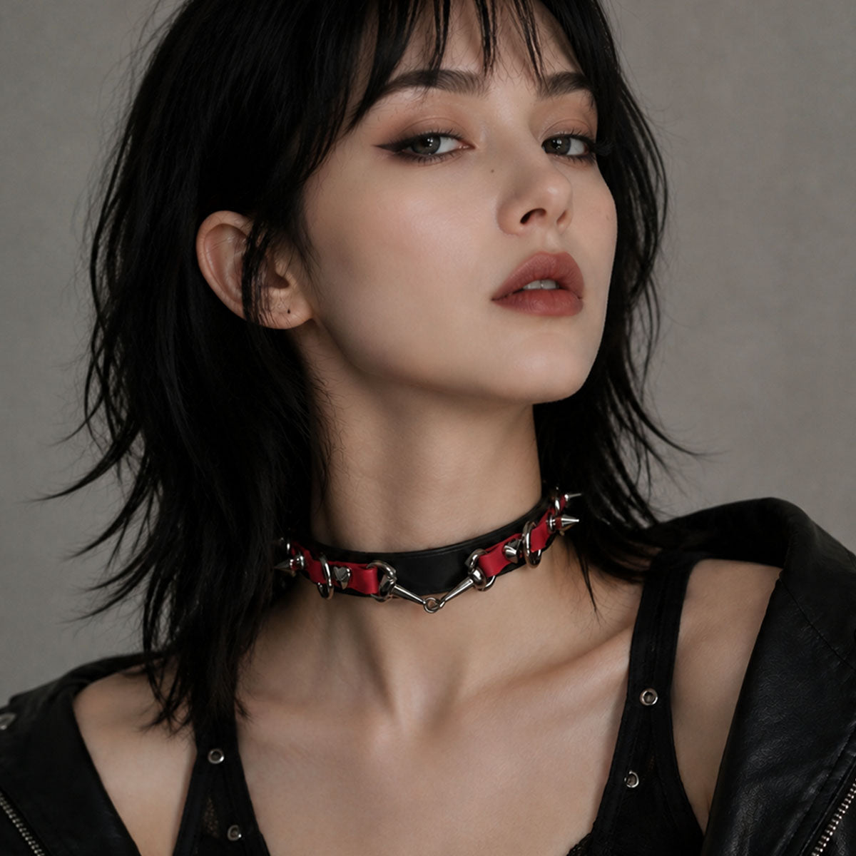CHICCHOK [Mysterious Queen] Red&Black Spikes Stylish Leather Choker