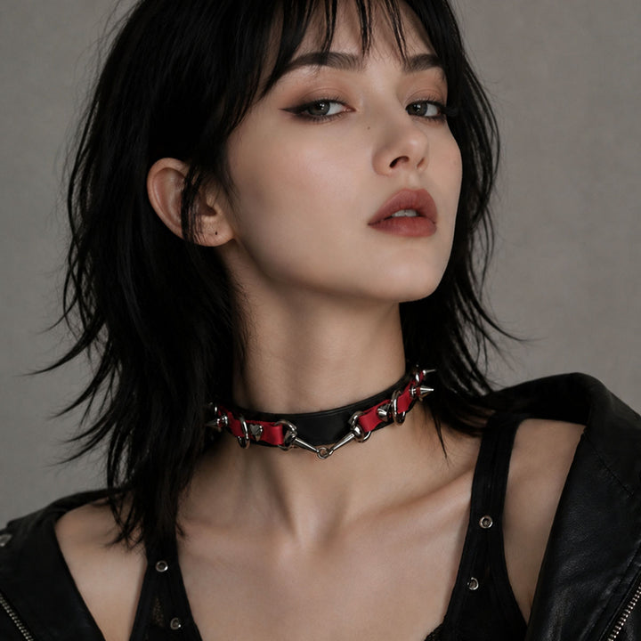 CHICCHOK [Mysterious Queen] Red&Black Spikes Stylish Leather Choker