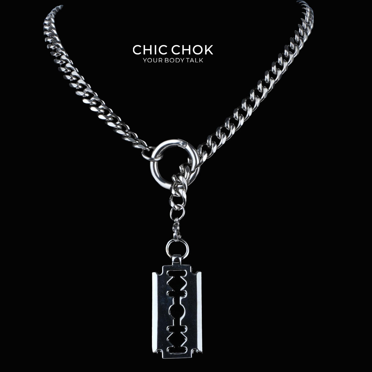 Collar de cadena CHICCHOK con lazo en Y transgresor | Collar gótico de eslabones cubanos de acero inoxidable