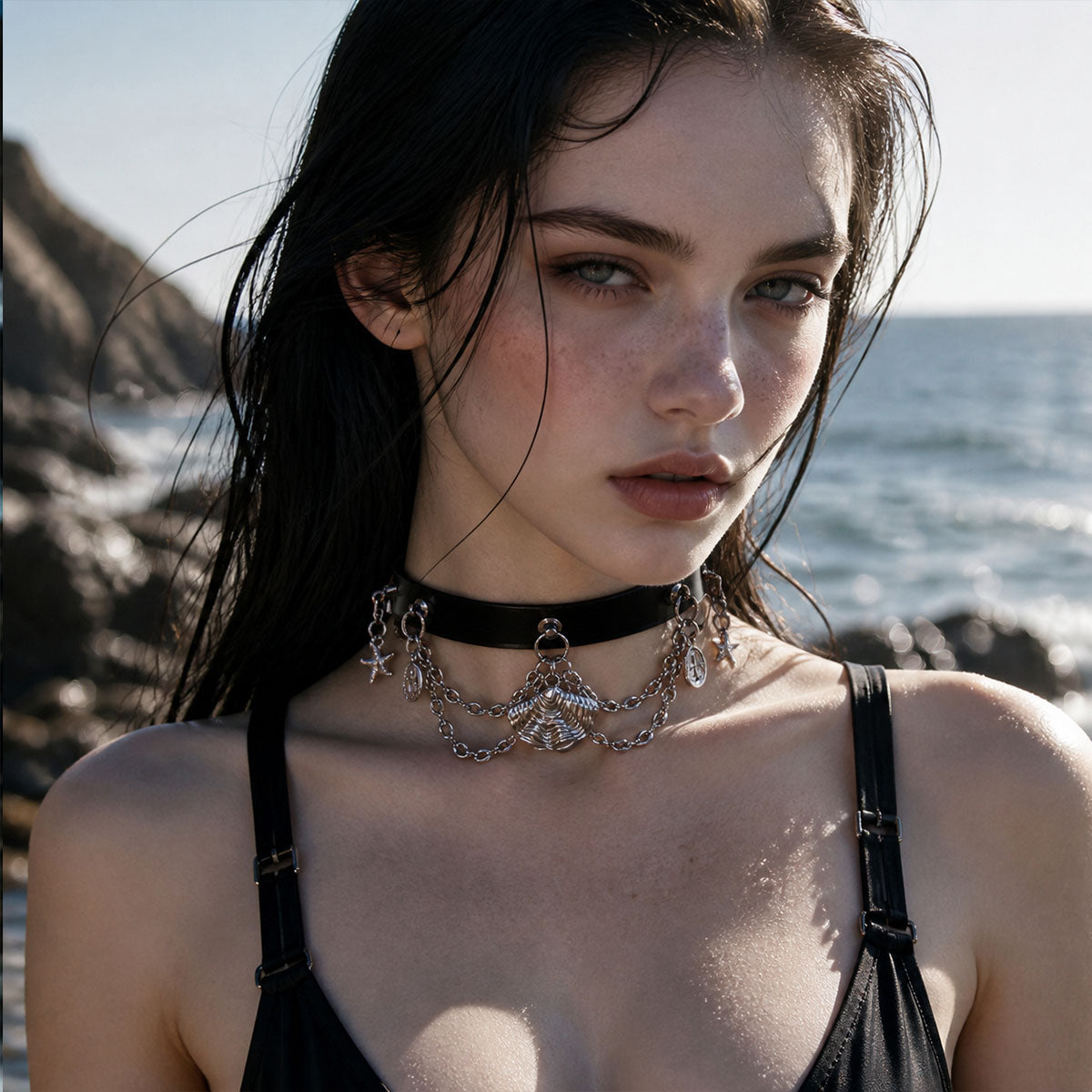 CHICCHOK "Dark Tide Whisper" Reversible Ocean Choker | Genuine Leather & Stainless Steel Shell Collar | Dark Resort Layered Neckwear