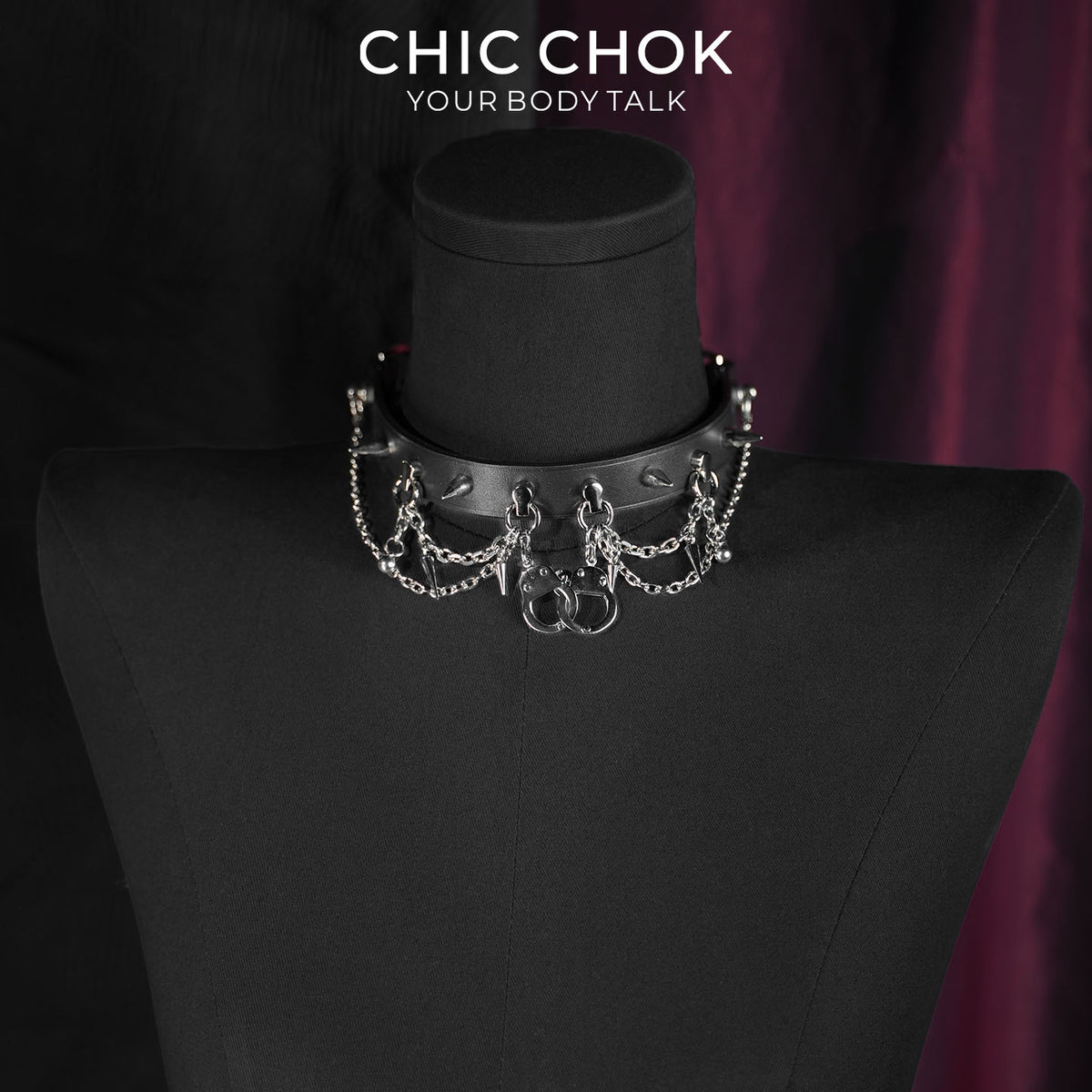 CHICCHOK Shackle Cage Handcuff Choker | Gothic Glossy Black Leather Spiked Collar | Subversive BDSM Aesthetic Industrial Punk Metal Chain Link Body Armor