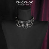 CHICCHOK Shackle Cage Handcuff Choker | Gothic Glossy Black Leather Spiked Collar | Subversive BDSM Aesthetic Industrial Punk Metal Chain Link Body Armor