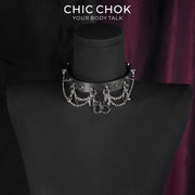 CHICCHOK Shackle Cage Handcuff Choker | Gothic Glossy Black Leather Spiked Collar | Subversive BDSM Aesthetic Industrial Punk Metal Chain Link Body Armor