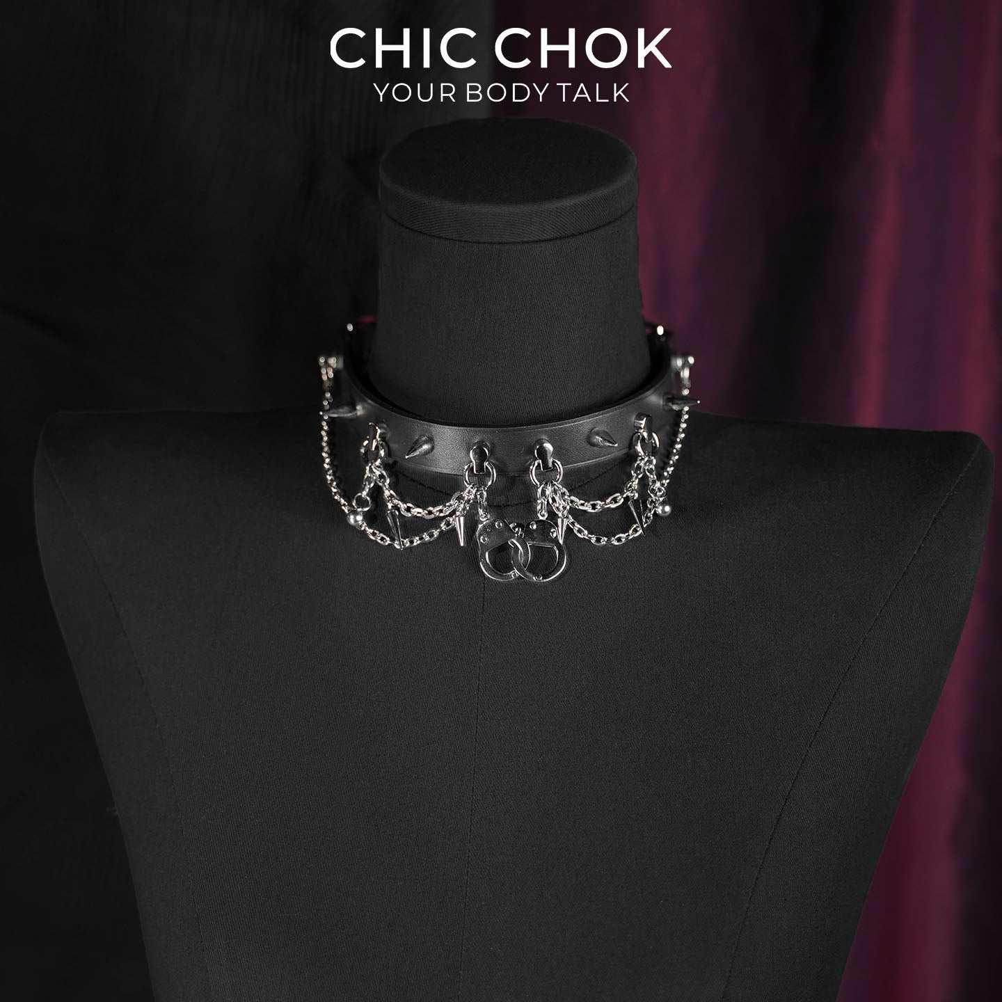 CHICCHOK Shackle Cage Handcuff Choker | Gothic Glossy Black Leather Spiked Collar | Subversive BDSM Aesthetic Industrial Punk Metal Chain Link Body Armor