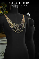 CHICCHOK Golden Wave Mesh Body Chain | 3-Way Multi-Wear Silver Cuban Link Harness | Gothic Luxury Beachwear Festival Waist Back Jewelry