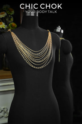 CHICCHOK Golden Wave Mesh Body Chain | 3-Way Multi-Wear Silver Cuban Link Harness | Gothic Luxury Beachwear Festival Waist Back Jewelry