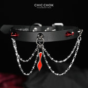 CHICCHOK "Blazing Collar" Red Tie Pendant Leather Choker | Gothic Spikes & Eyeglass Chain Drop Collar | Subversive Alt Dark Streetwear Neckwear