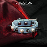 CHICCHOK Hidden Edge Denim Spiked Pearl Bracelet | Gothic Light Blue Washed Canvas Cuff | Y2K Cyberpunk Punk Rock Metal Studded Wristband for Sensitive Skin