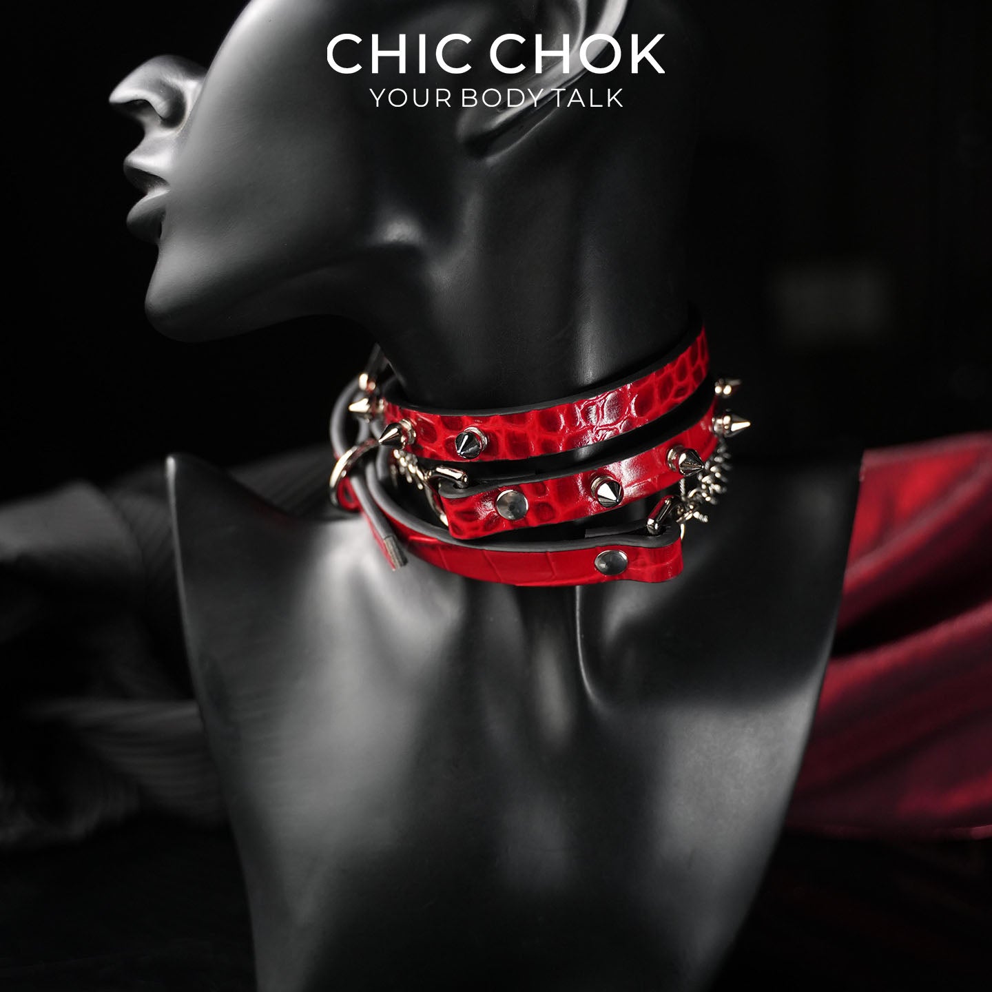 CHICCHOK Blood Thorn Fishbone | Red Crocodile Spiked Choker | Double Layer Gothic Collar