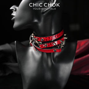 CHICCHOK Blood Thorn Fishbone | Red Crocodile Spiked Choker | Double Layer Gothic Collar
