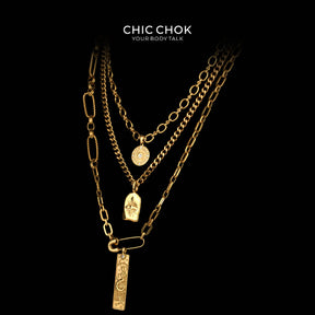 CHICCHOK 골드 체인 스타 메달 염소자리 레이어드 목걸이 | 빈티지 3계층 쿠바 체인 | 타로 조디악 동전 및 별 부조 펜던트 점성술 주얼리