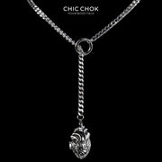 CHICCHOK Falling Heart Lariat Necklace | Anatomical Heart Pendant Stainless Steel Y-Necklace | Dark Gothic Subversive Body Jewelry