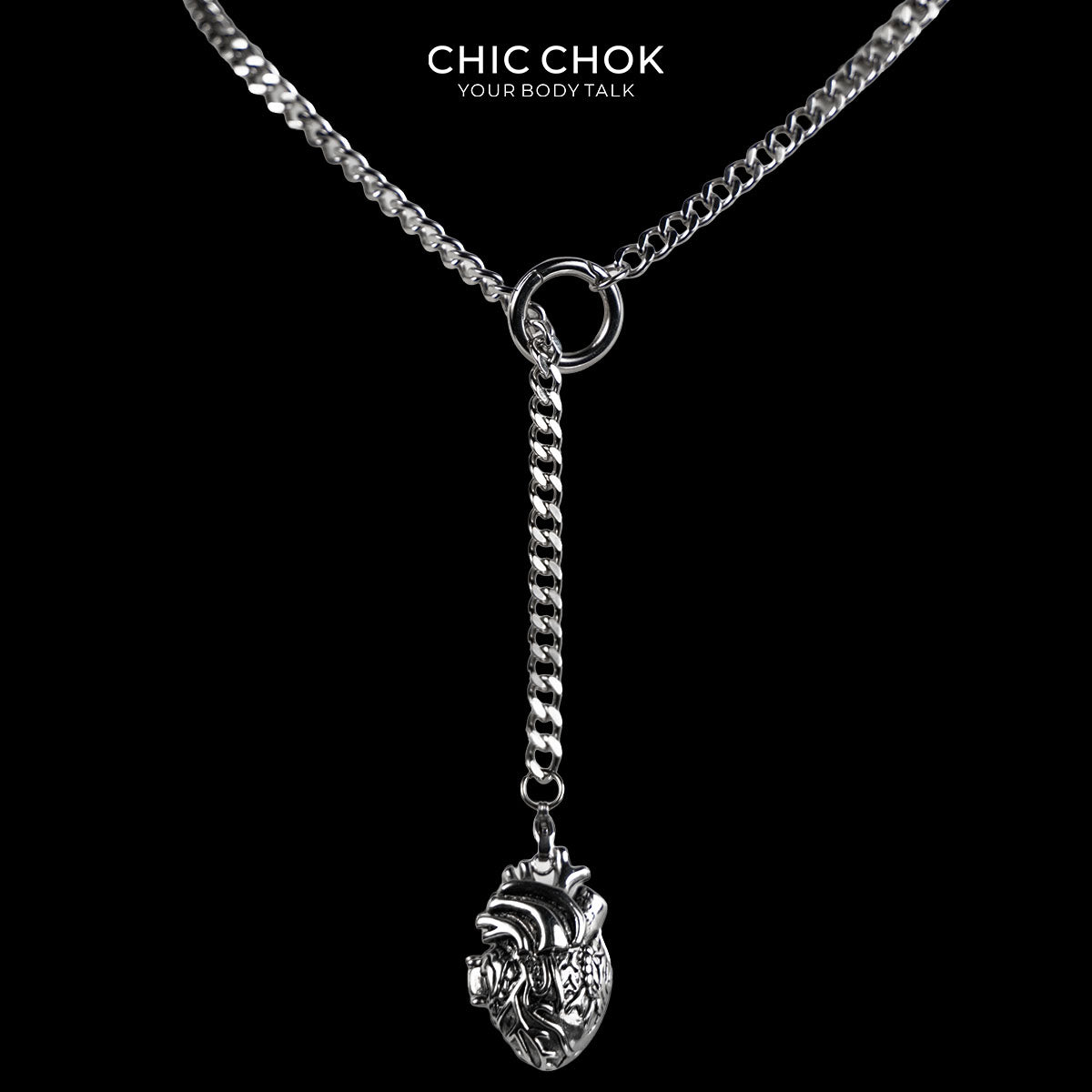 CHICCHOK Falling Heart Lariat Necklace | Anatomical Heart Pendant Stainless Steel Y-Necklace | Dark Gothic Subversive Body Jewelry