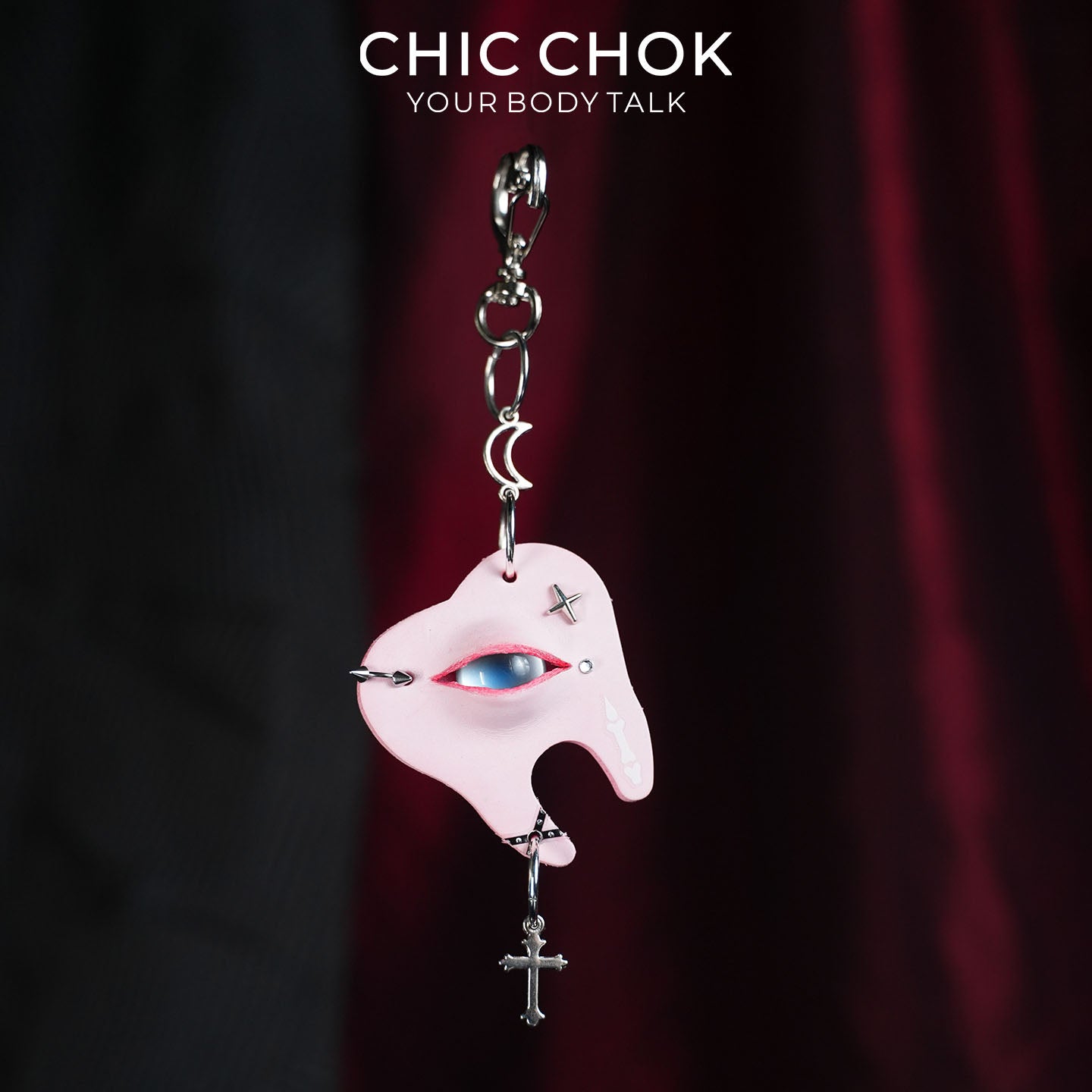 CHICCHOK Crucifix Molar Genuine Leather Pendant | Pastel Goth Anatomical Tooth Keychain | Creepy Cute Glass Eye Cyber Punk Accessory
