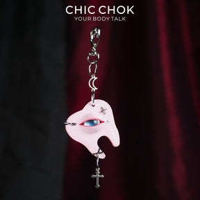 CHICCHOK Crucifix Molar Genuine Leather Pendant | Pastel Goth Anatomical Tooth Keychain | Creepy Cute Glass Eye Cyber Punk Accessory